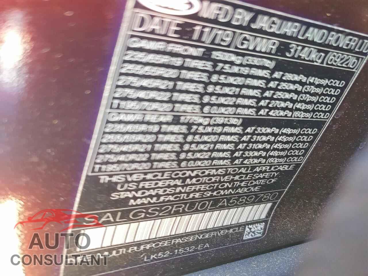 LAND ROVER RANGE ROVER 2020 - SALGS2RU0LA589780