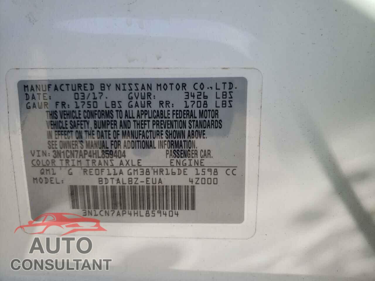 NISSAN VERSA 2017 - 3N1CN7AP4HL859404