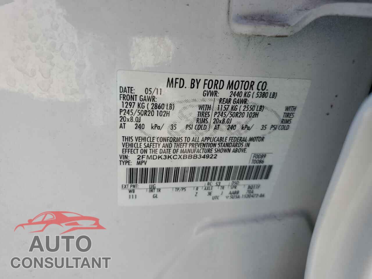 FORD EDGE 2011 - 2FMDK3KCXBBB34922