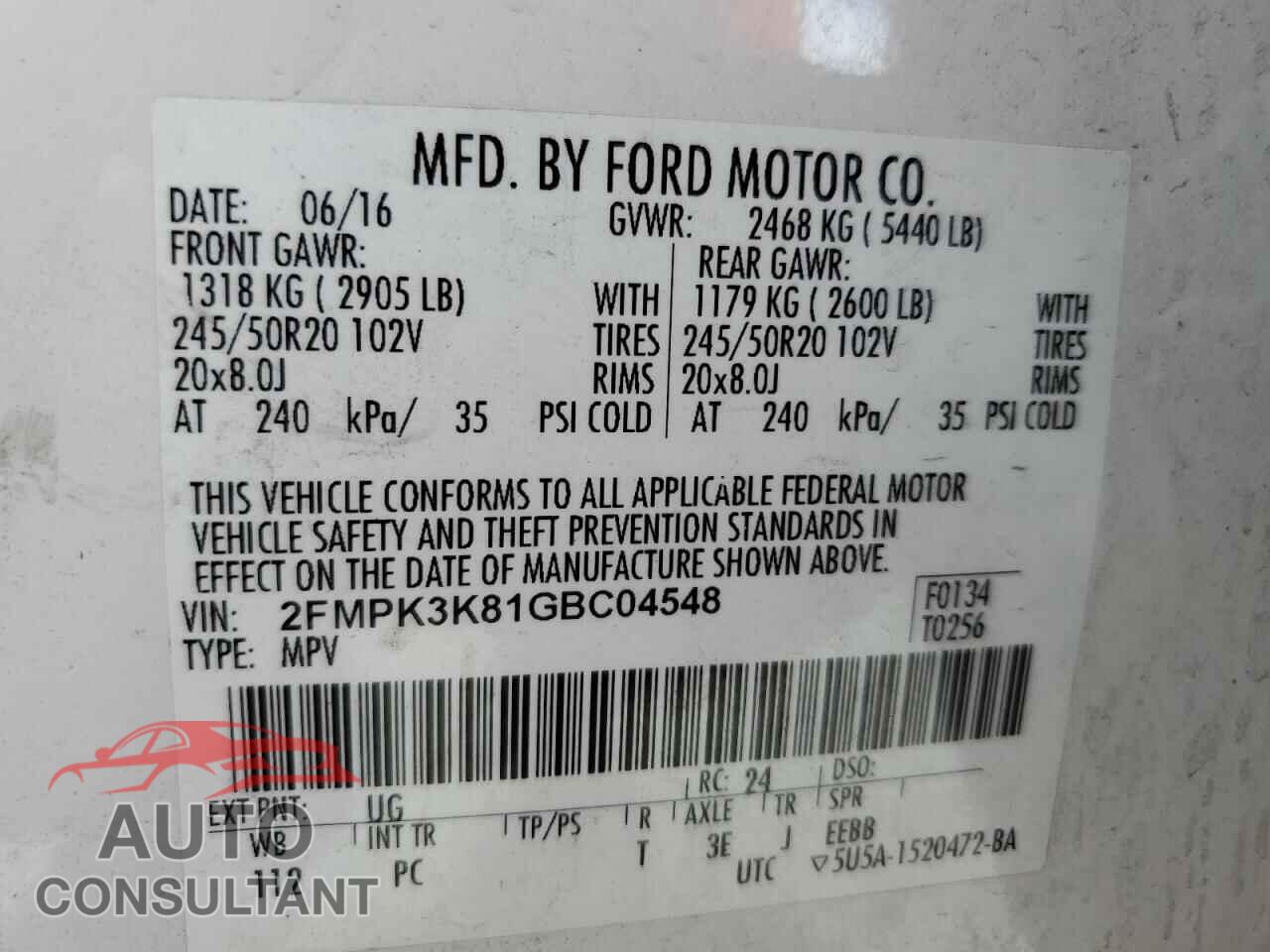 FORD EDGE 2016 - 2FMPK3K81GBC04548