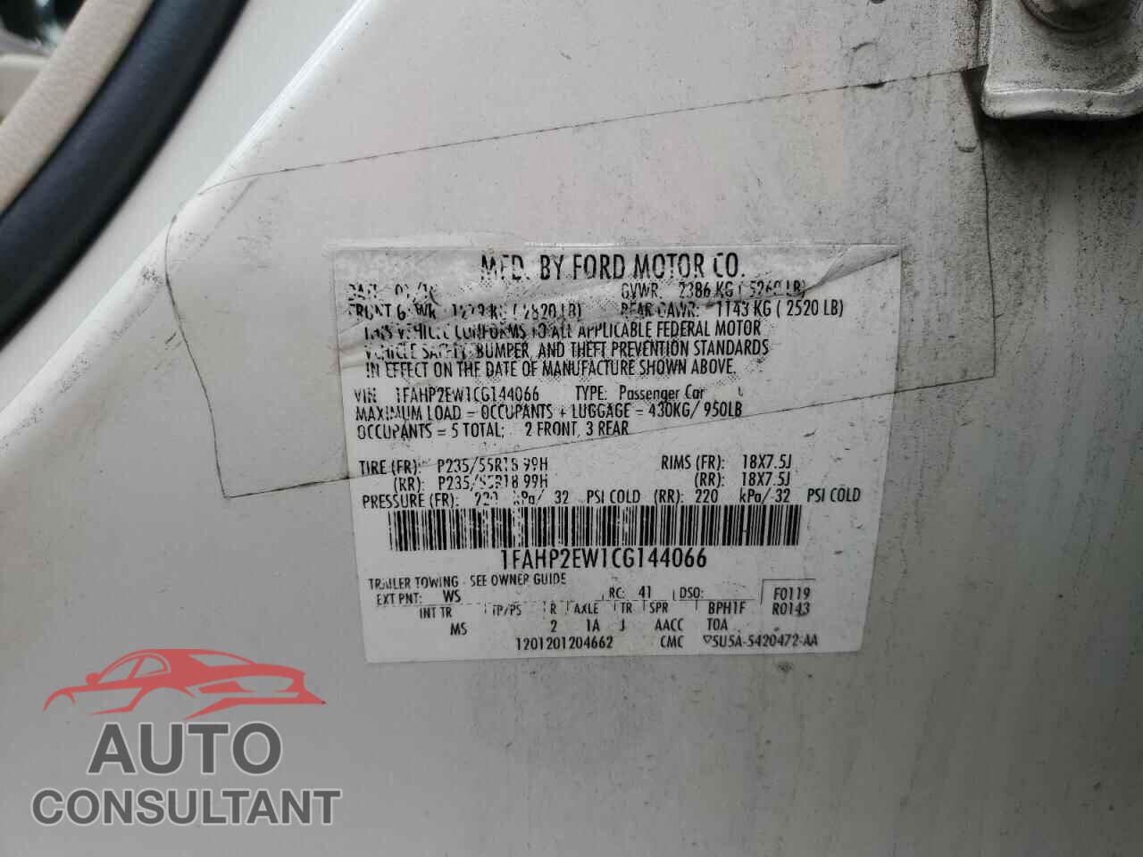 FORD TAURUS 2012 - 1FAHP2EW1CG144066