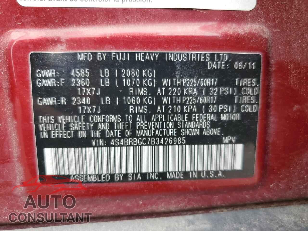 SUBARU OUTBACK 2011 - 4S4BRBGC7B3426985