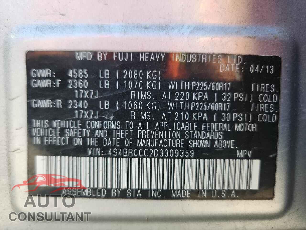 SUBARU OUTBACK 2013 - 4S4BRCCC2D3309359