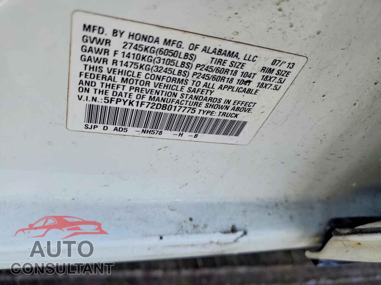 HONDA RIDGELINE 2013 - 5FPYK1F72DB017775