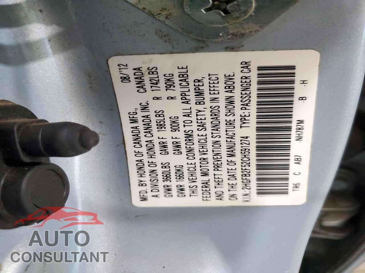 HONDA CIVIC 2012 - 2HGFB2F52CH591274