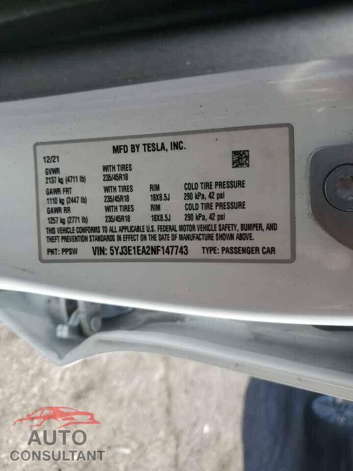 TESLA MODEL 3 2022 - 5YJ3E1EA2NF147743