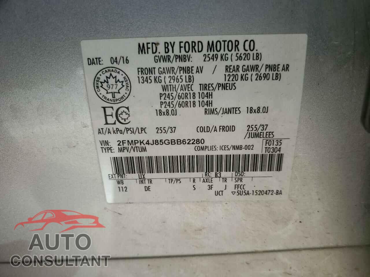 FORD EDGE 2016 - 2FMPK4J85GBB62280