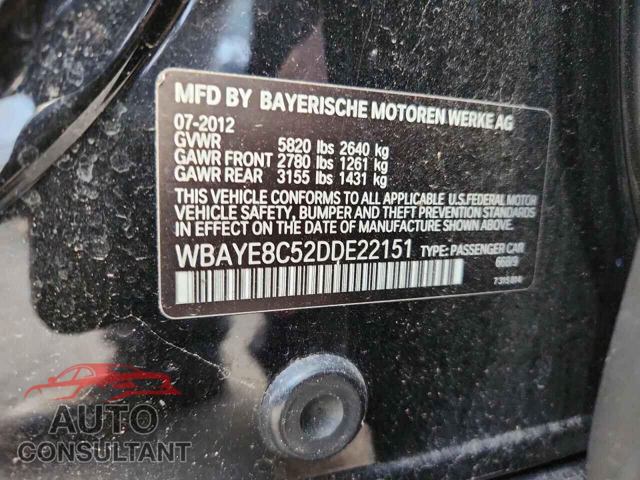 BMW 7 SERIES 2013 - WBAYE8C52DDE22151