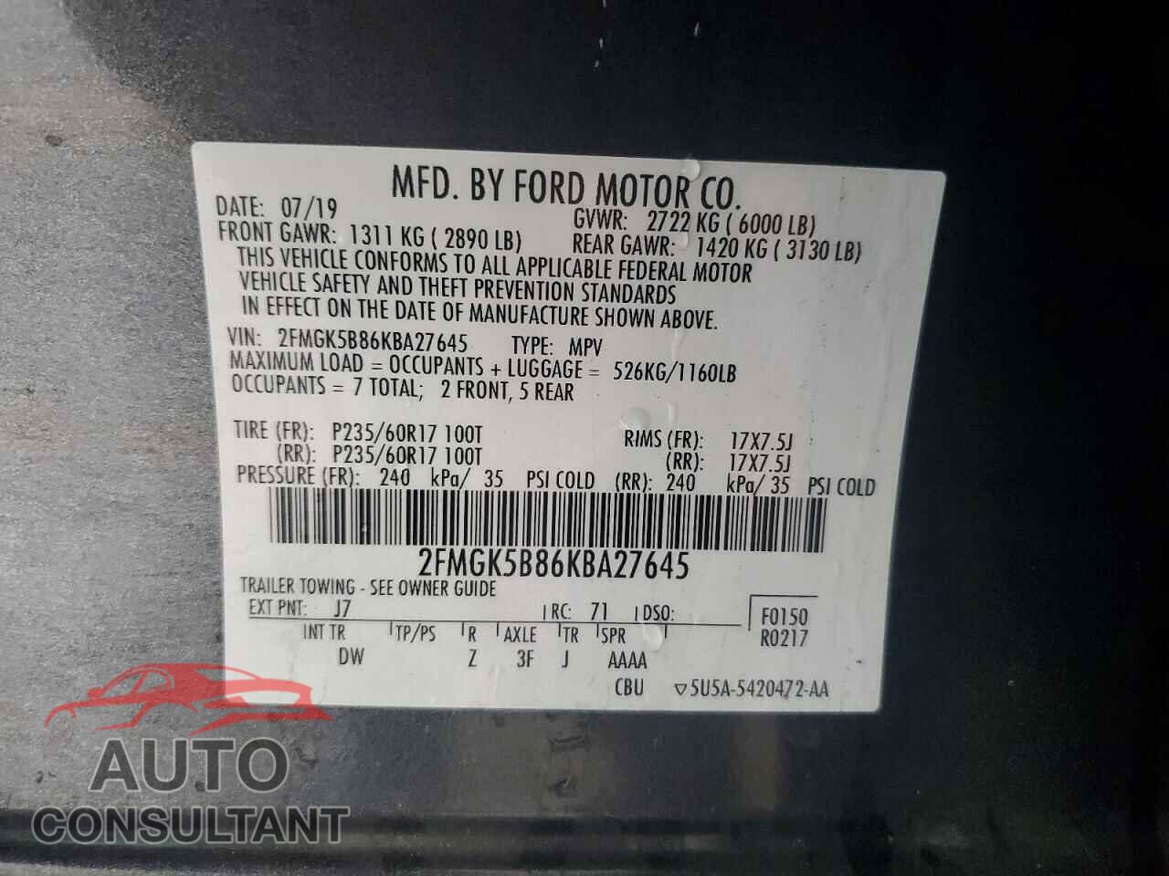 FORD FLEX 2019 - 2FMGK5B86KBA27645