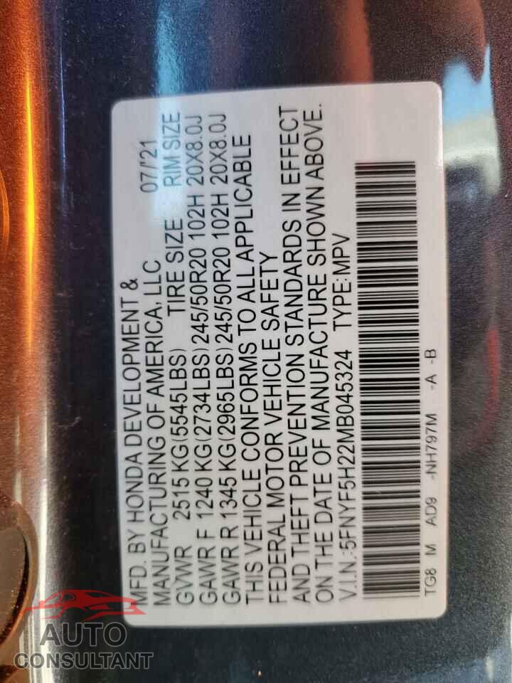 HONDA PILOT 2021 - 5FNYF5H22MB045324