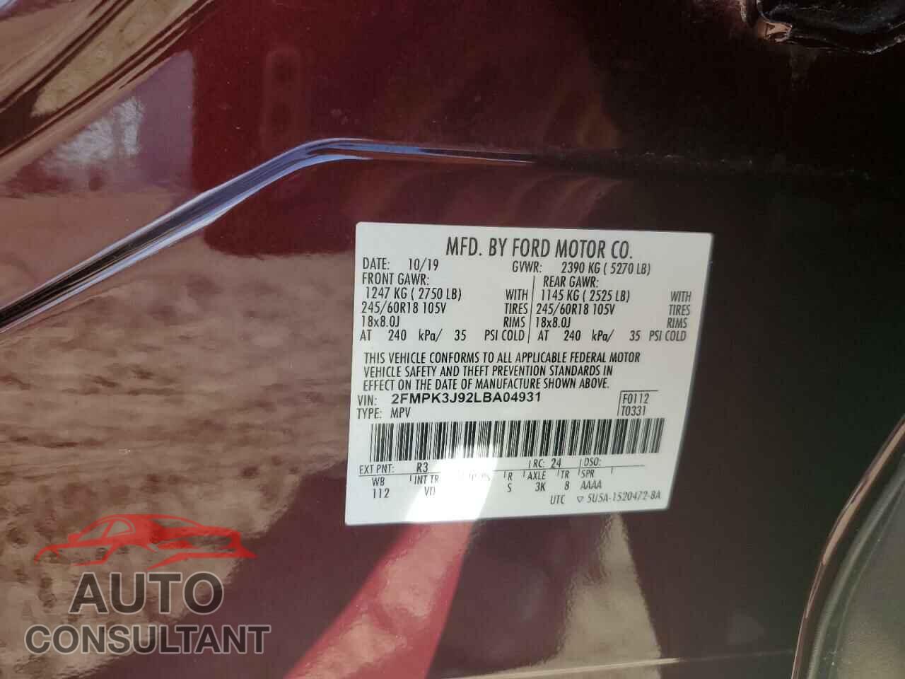 FORD EDGE 2020 - 2FMPK3J92LBA04931