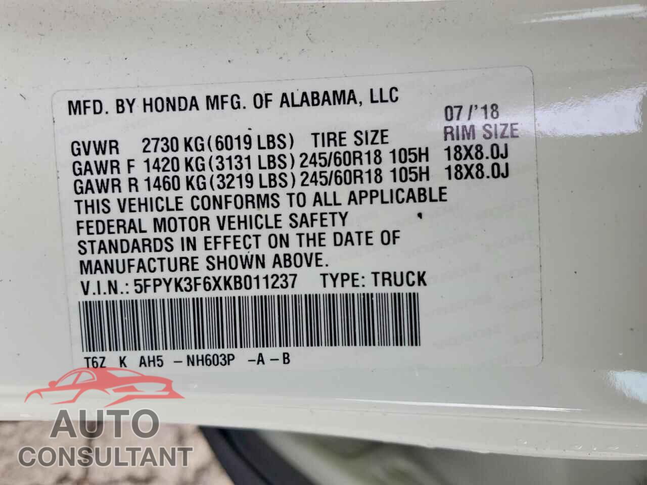 HONDA RIDGELINE 2019 - 5FPYK3F6XKB011237
