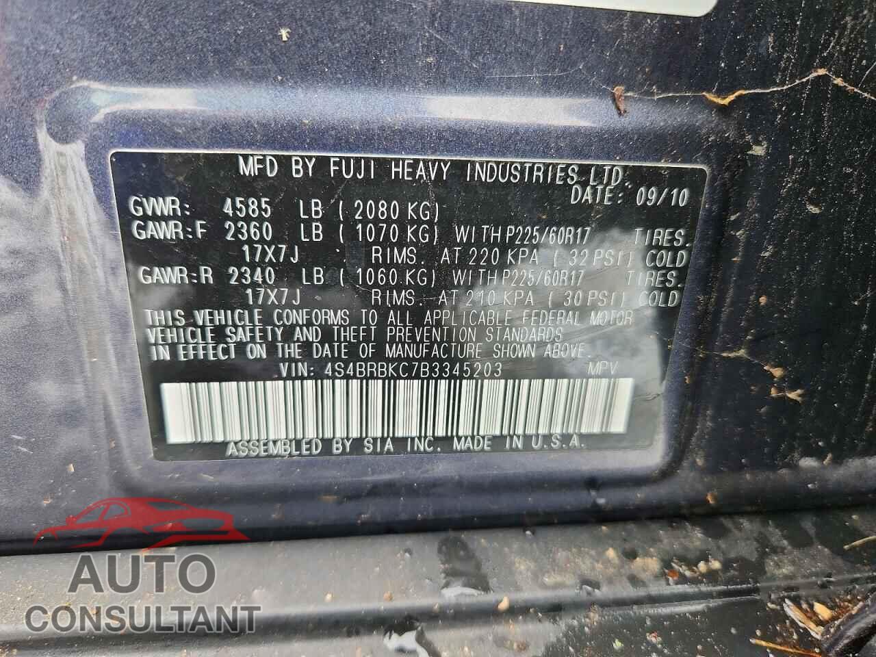 SUBARU OUTBACK 2011 - 4S4BRBKC7B3345203