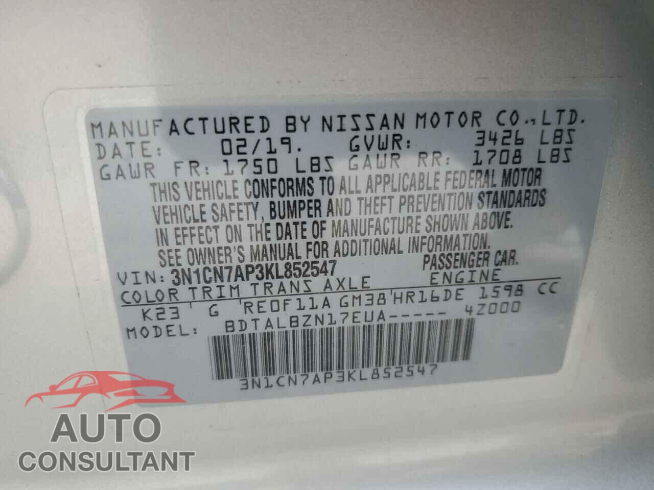 NISSAN VERSA 2019 - 3N1CN7AP3KL852547