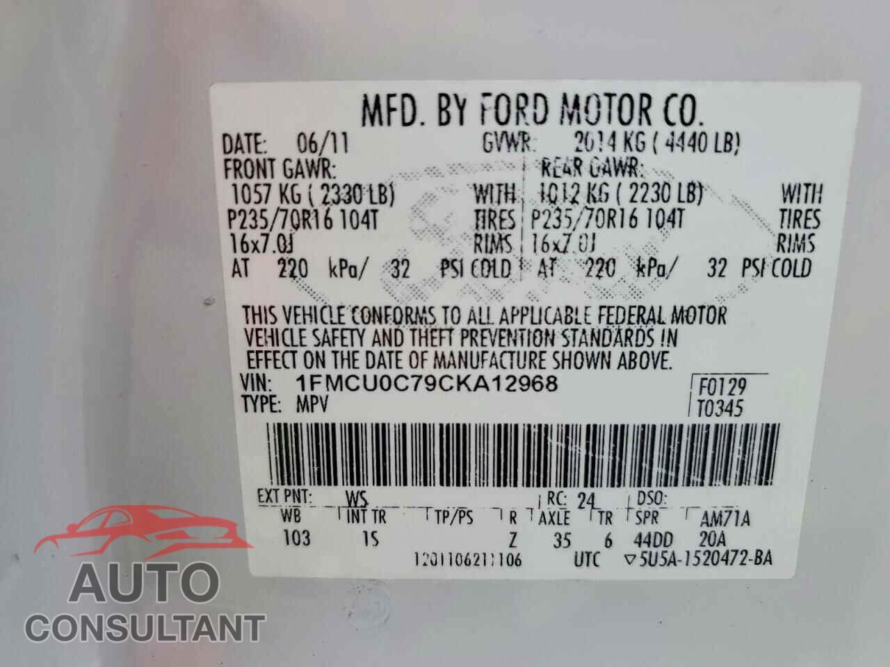 FORD ESCAPE 2012 - 1FMCU0C79CKA12968