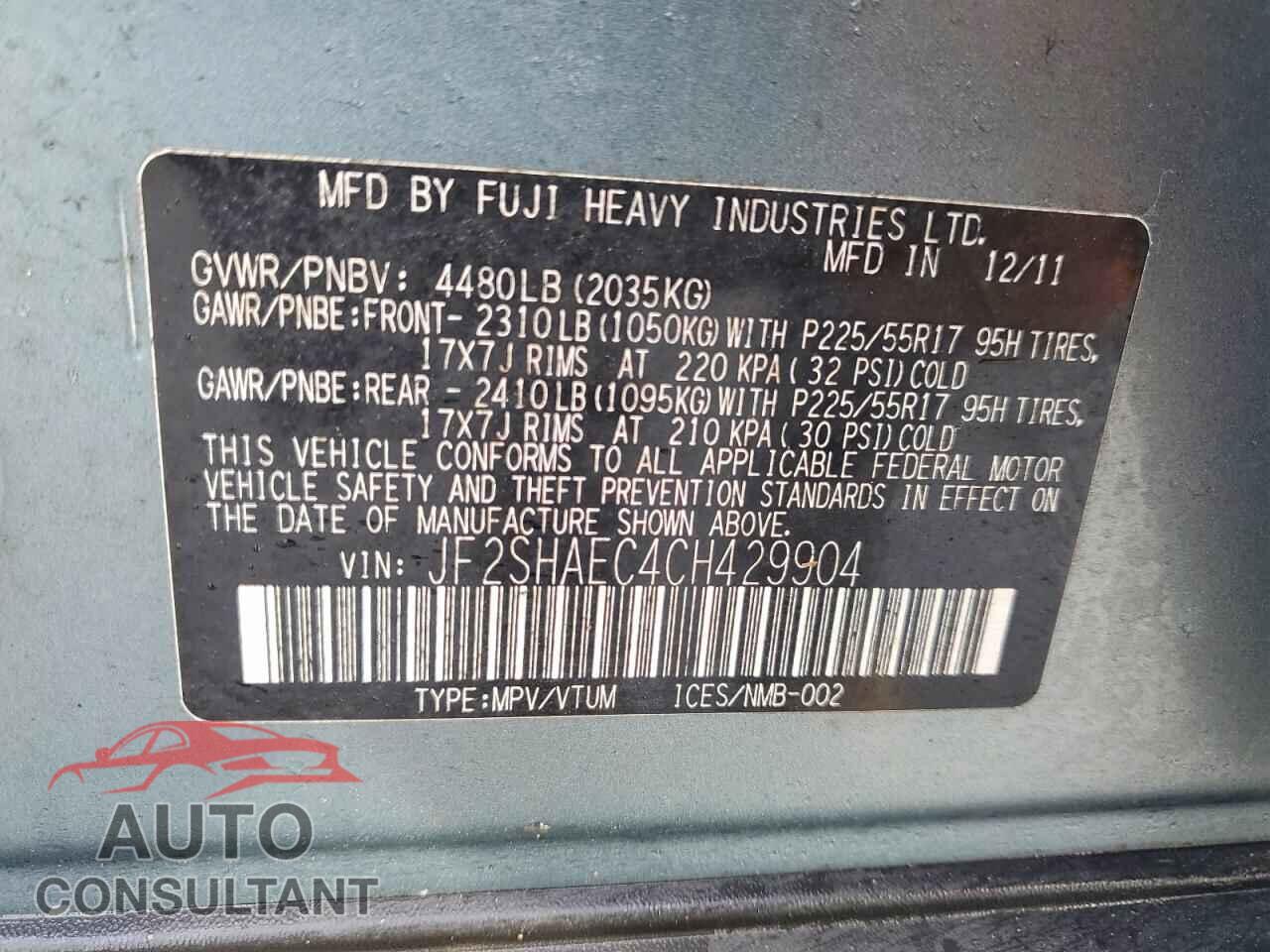 SUBARU FORESTER 2012 - JF2SHAEC4CH429904
