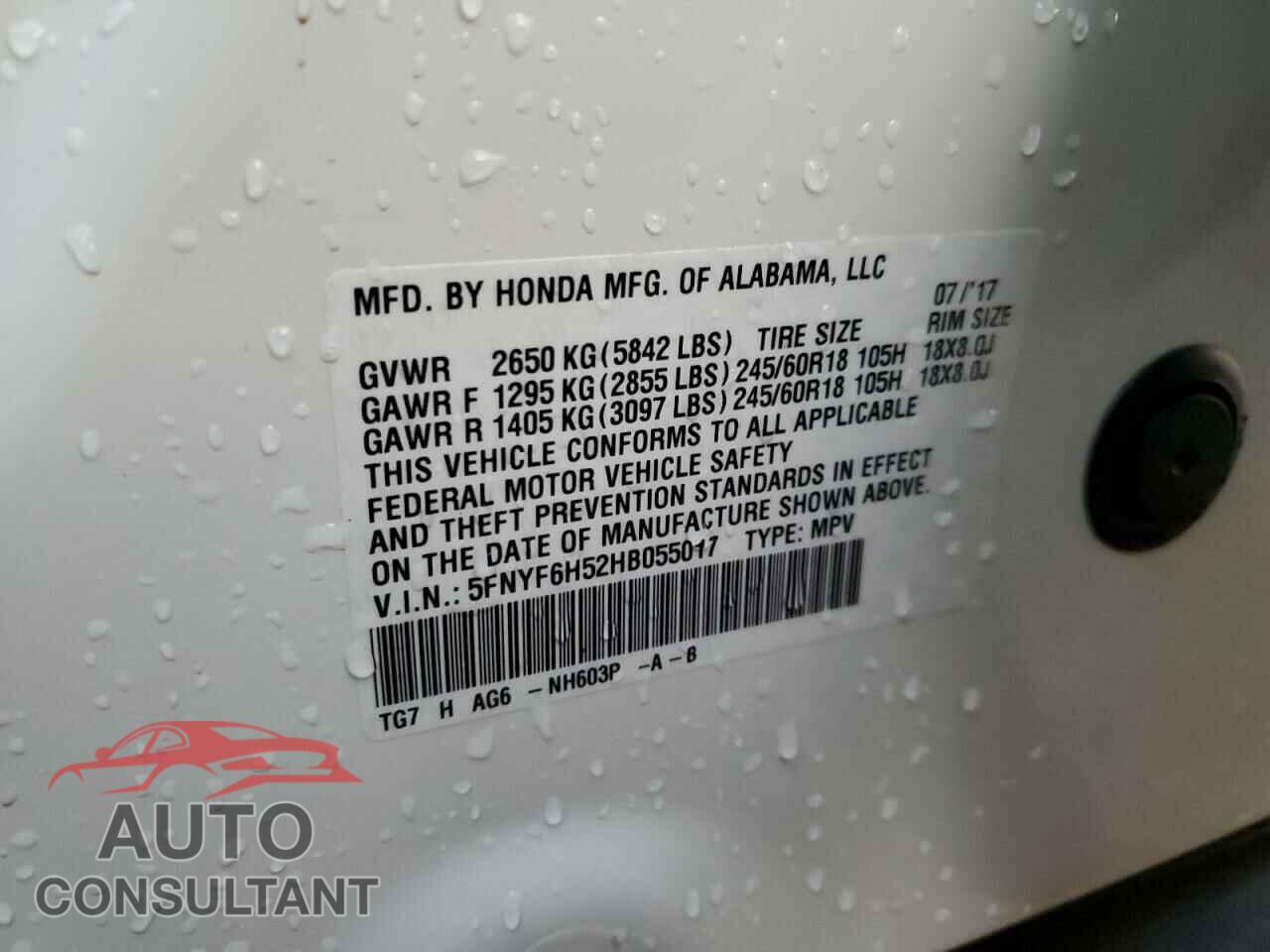 HONDA PILOT 2017 - 5FNYF6H52HB055017