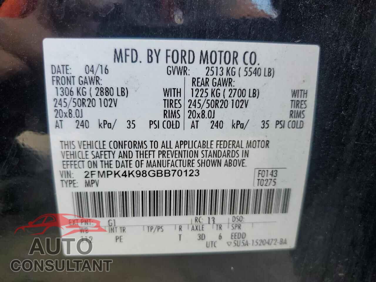 FORD EDGE 2016 - 2FMPK4K98GBB70123