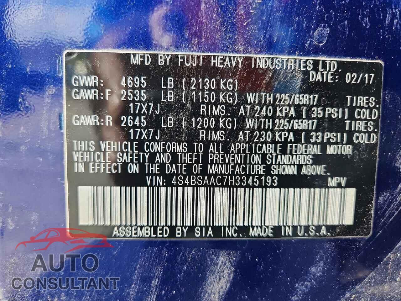 SUBARU OUTBACK 2017 - 4S4BSAAC7H3345193