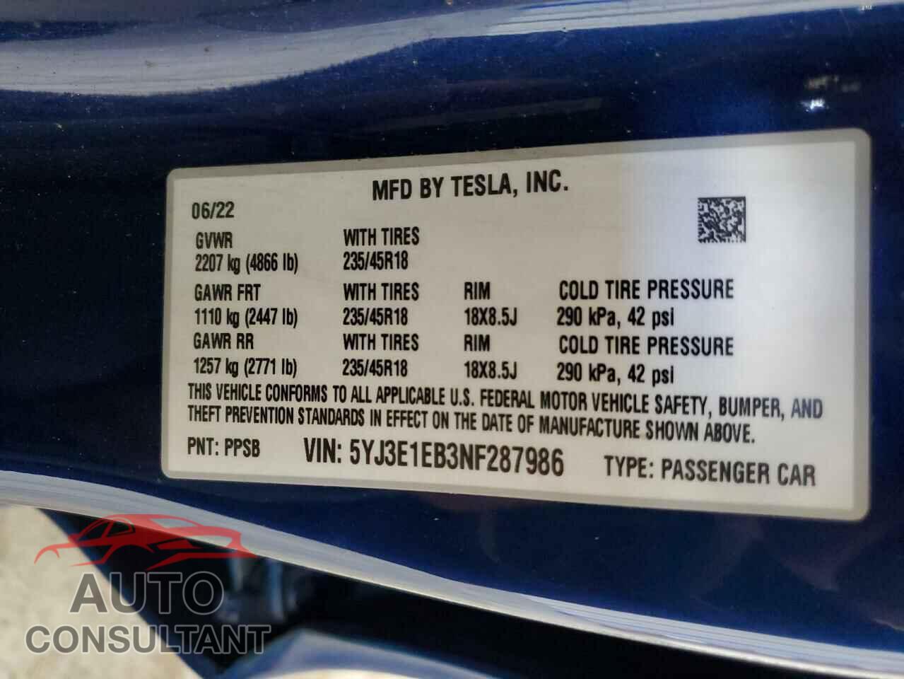 TESLA MODEL 3 2022 - 5YJ3E1EB3NF287986