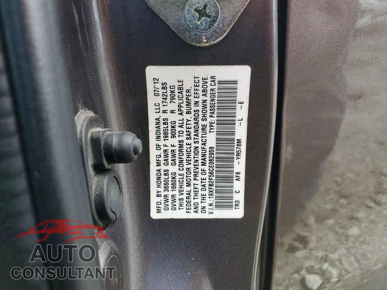 HONDA CIVIC 2012 - 19XFB2F56CE082959