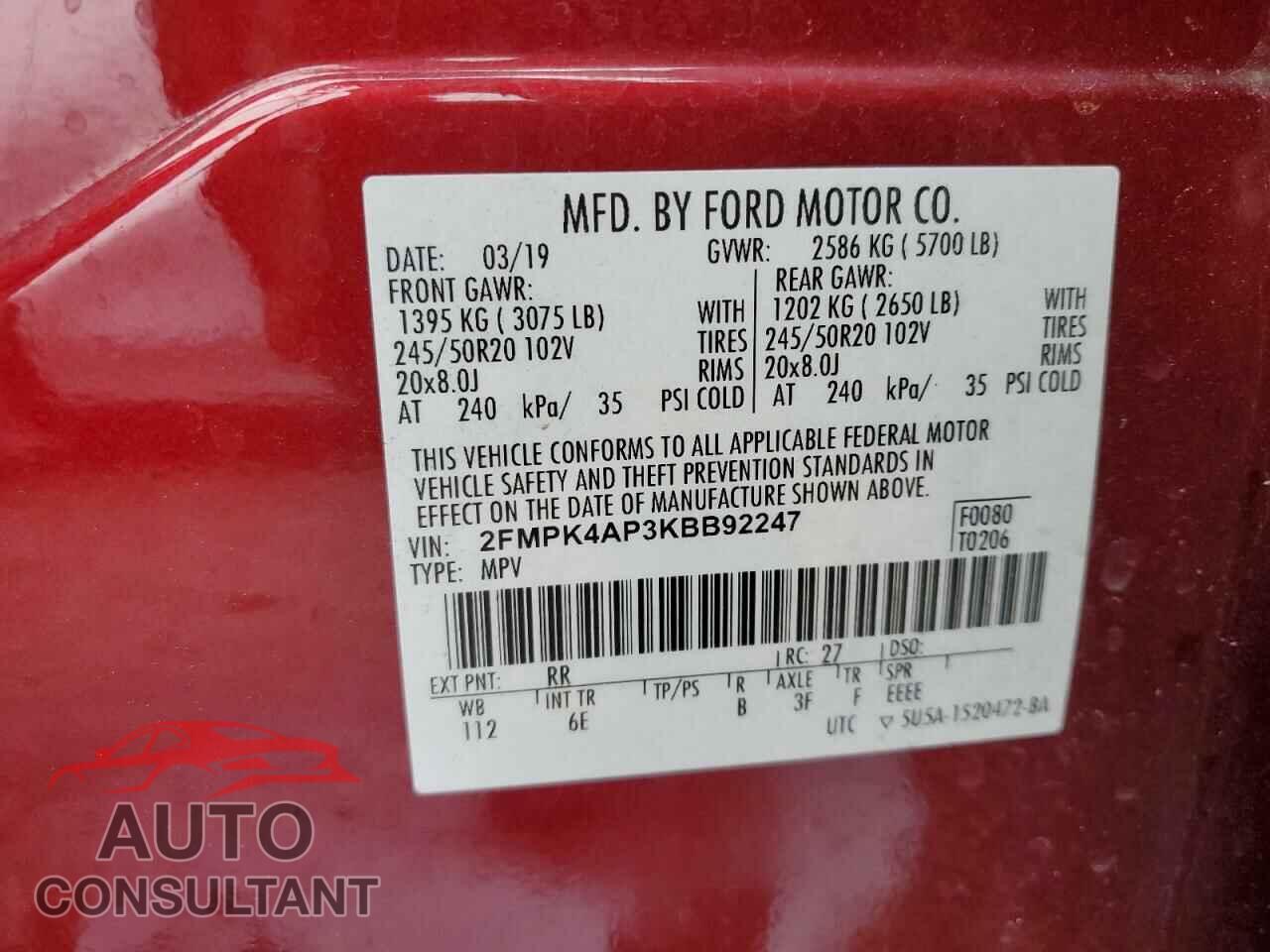 FORD EDGE 2019 - 2FMPK4AP3KBB92247