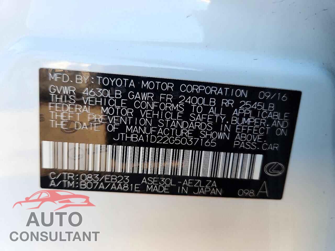 LEXUS IS 2016 - JTHBA1D22G5037165