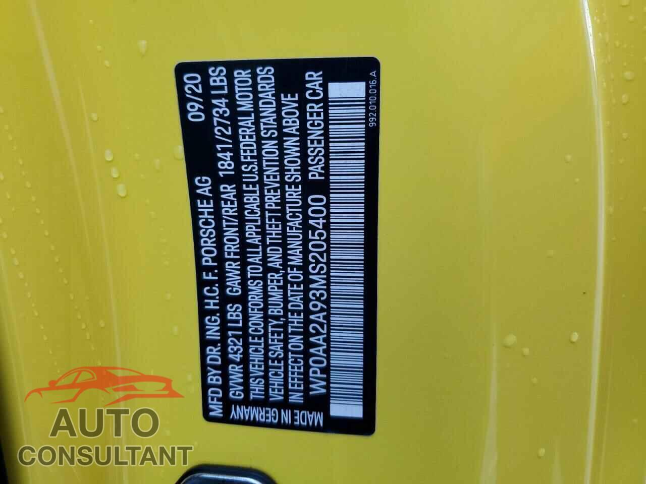 PORSCHE 911 2021 - WP0AA2A93MS205400