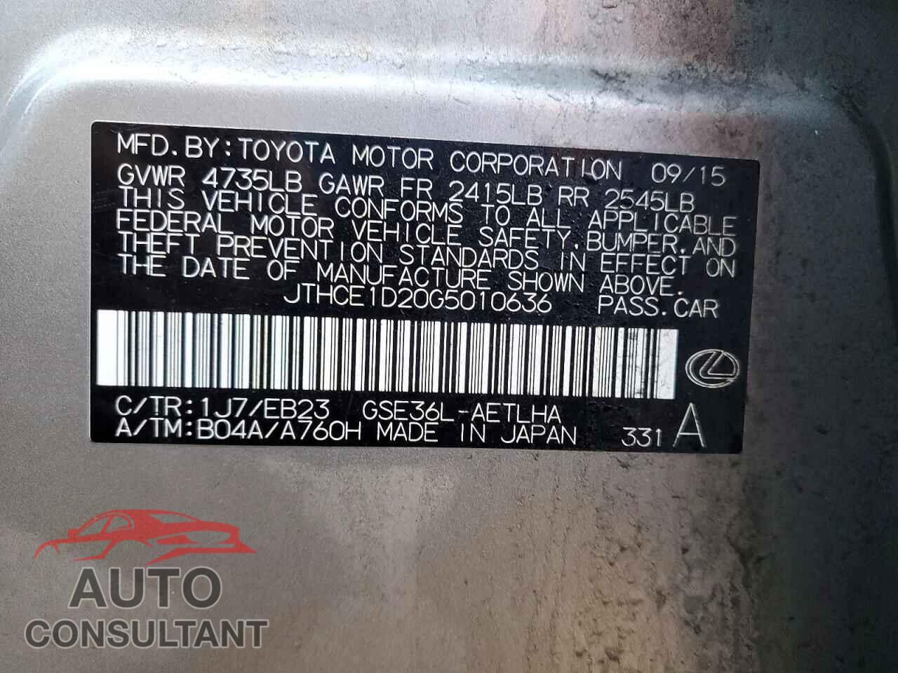 LEXUS IS 2016 - JTHCE1D20G5010636