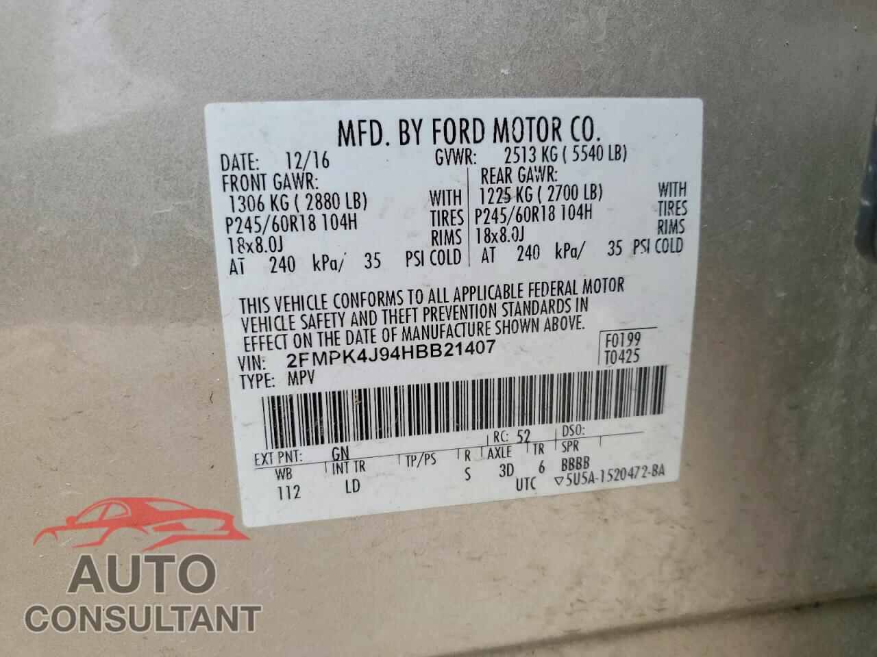 FORD EDGE 2017 - 2FMPK4J94HBB21407