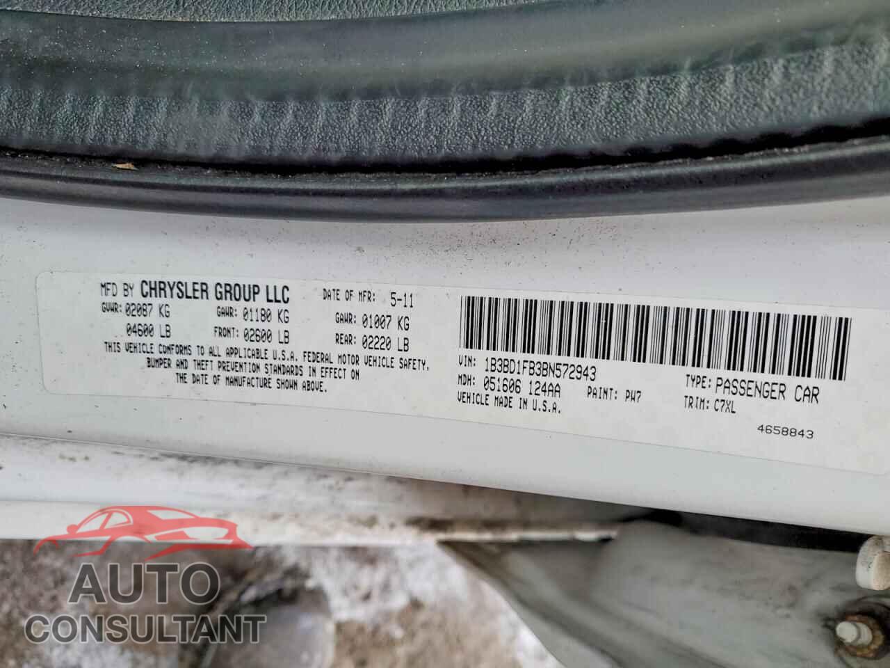 DODGE AVENGER 2011 - 1B3BD1FB3BN572943