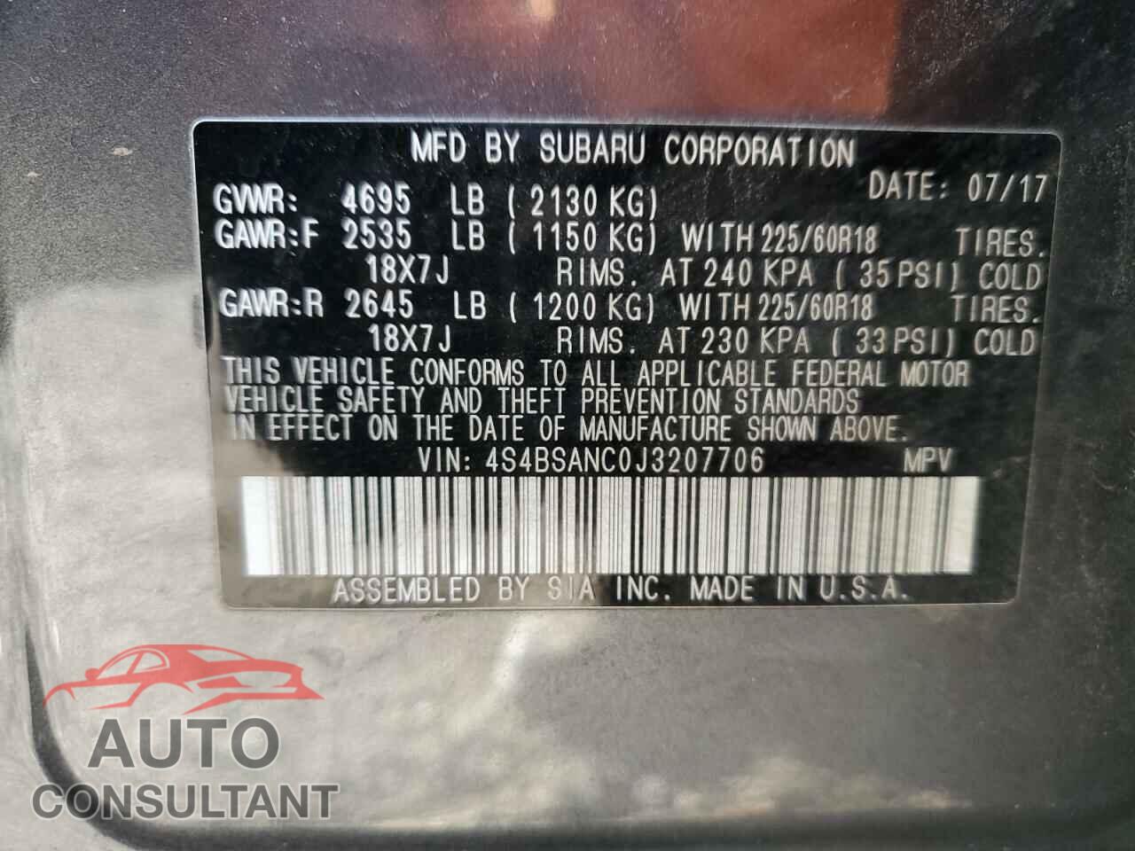 SUBARU OUTBACK 2018 - 4S4BSANC0J3207706