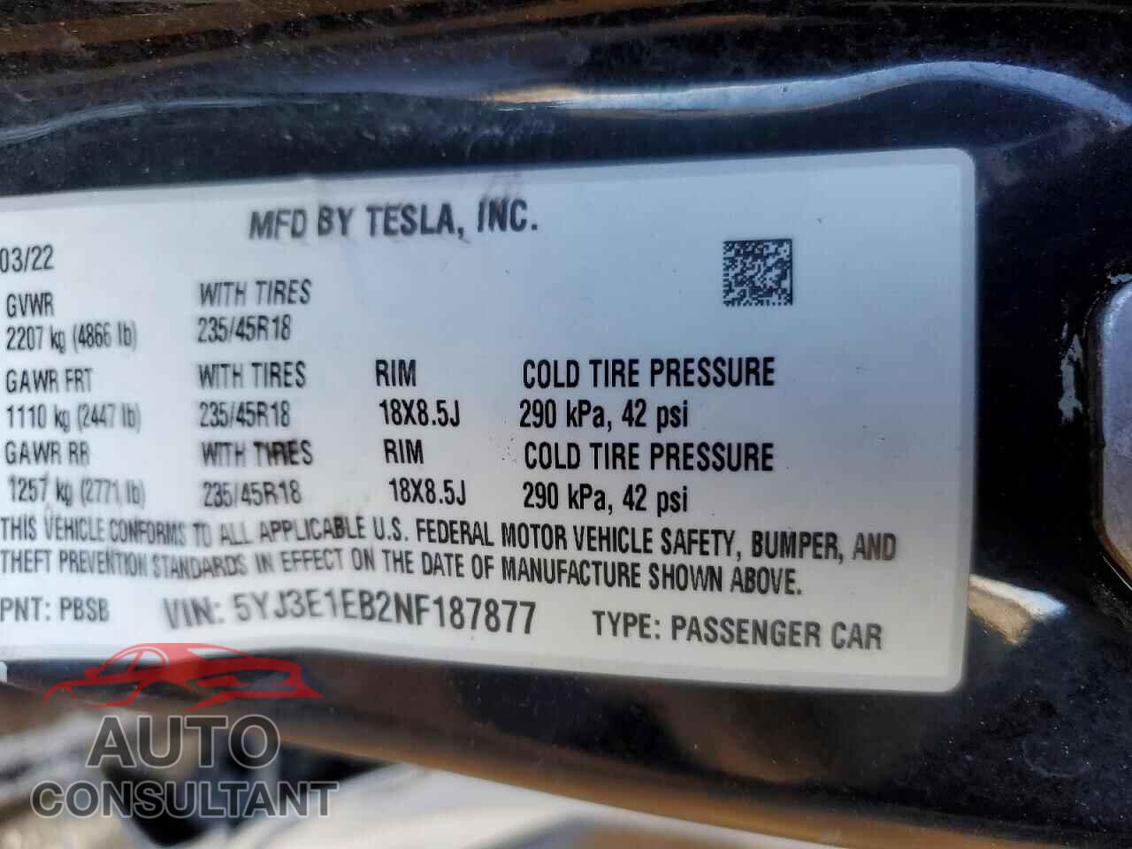 TESLA MODEL 3 2022 - 5YJ3E1EB2NF187877
