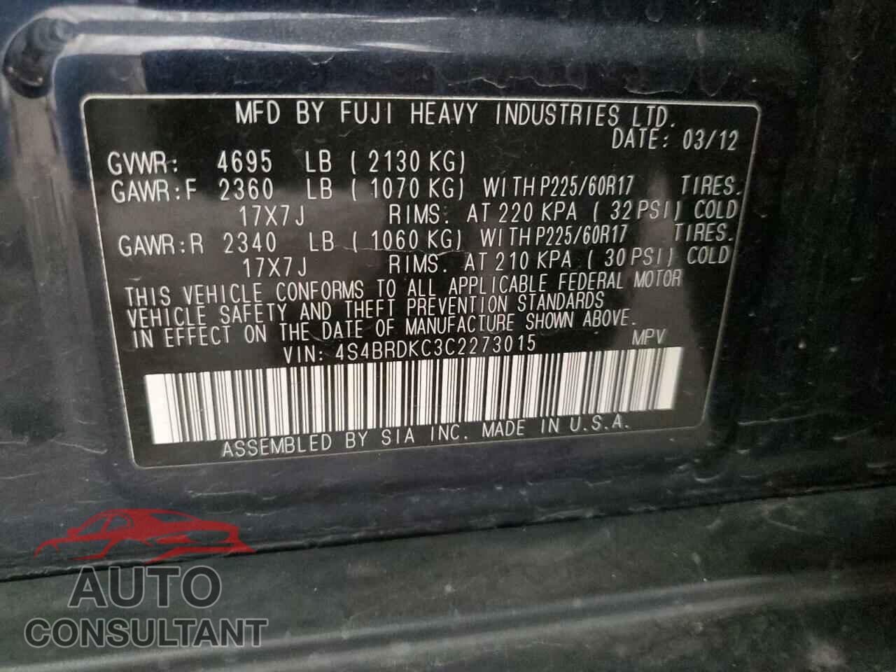 SUBARU OUTBACK 2012 - 4S4BRDKC3C2273015