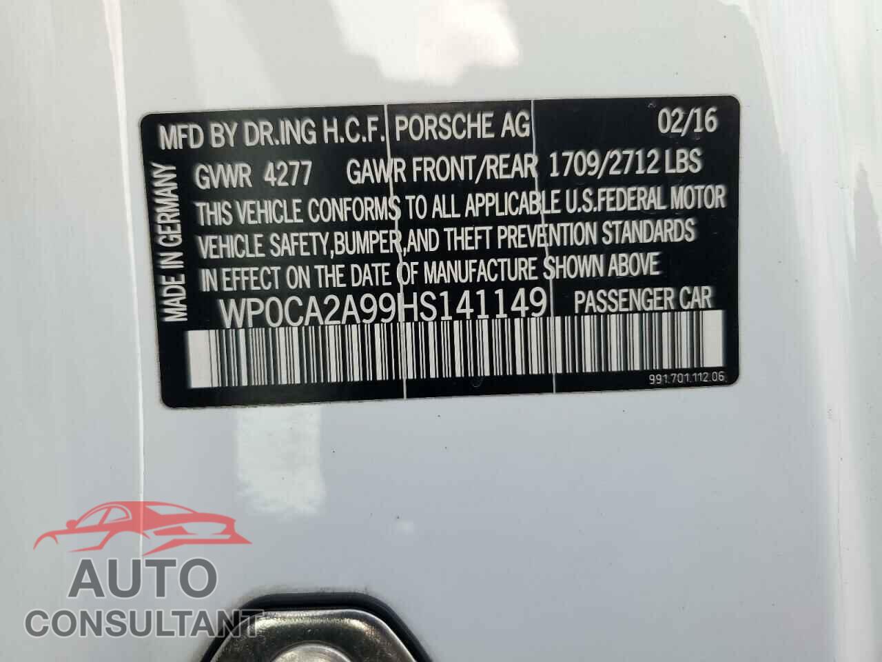PORSCHE 911 2017 - WP0CA2A99HS141149