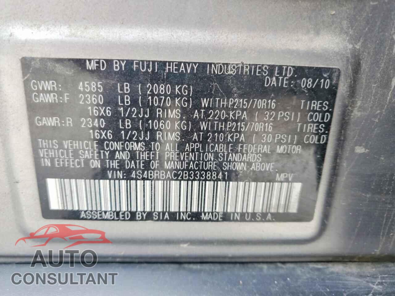 SUBARU OUTBACK 2011 - 4S4BRBAC2B3338841