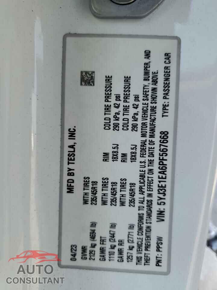 TESLA MODEL 3 2023 - 5YJ3E1EA6PF567668