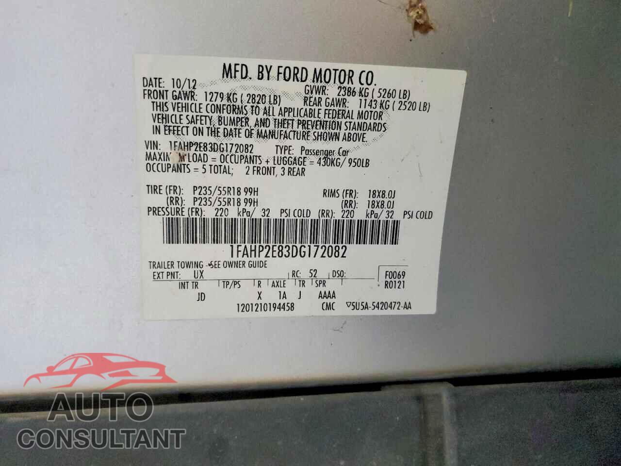 FORD TAURUS 2013 - 1FAHP2E83DG172082