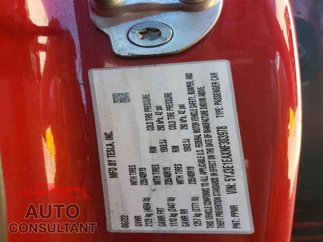 TESLA MODEL 3 2022 - 5YJ3E1EAXNF303978