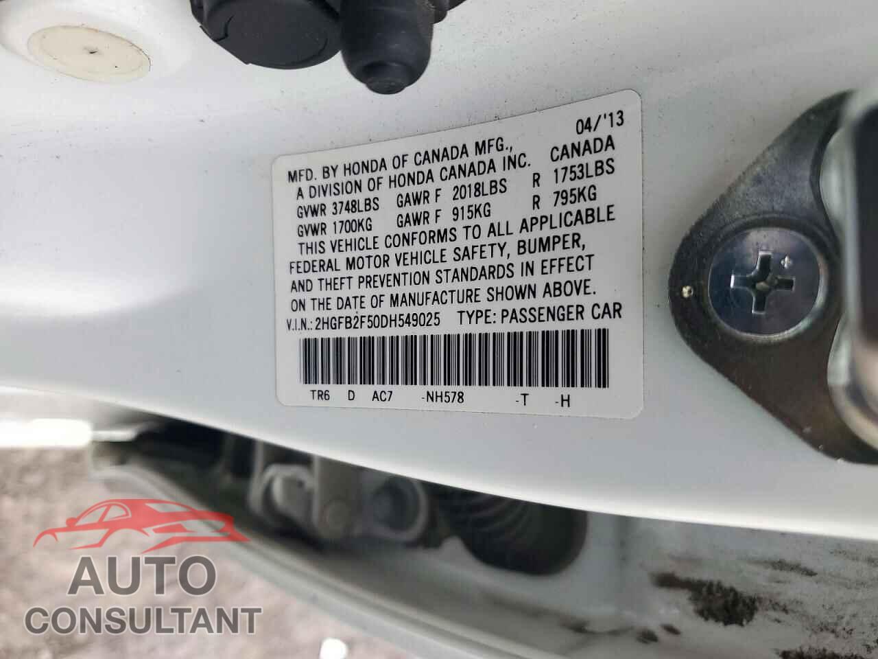 HONDA CIVIC 2013 - 2HGFB2F50DH549025