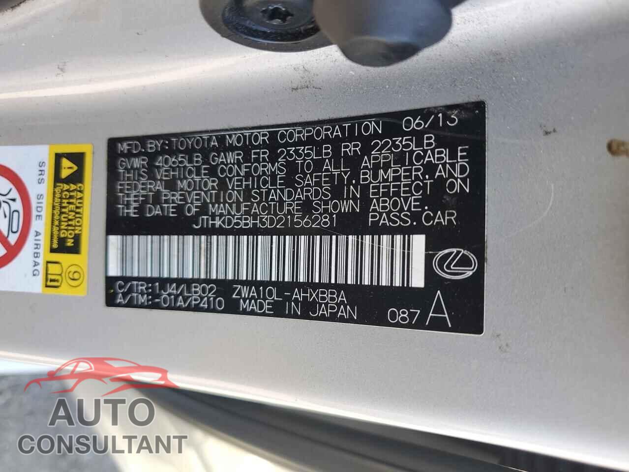LEXUS CT 200 2013 - JTHKD5BH3D2156281