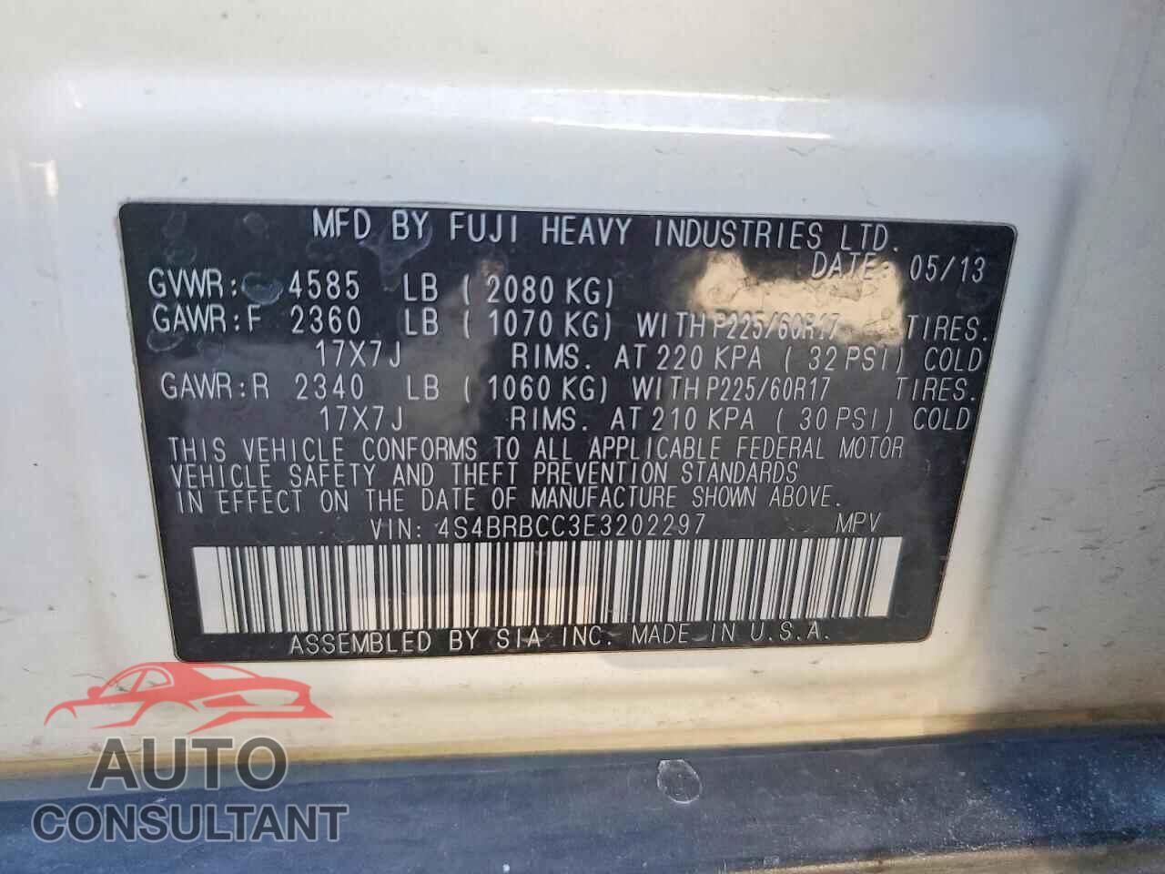 SUBARU OUTBACK 2014 - 4S4BRBCC3E3202297