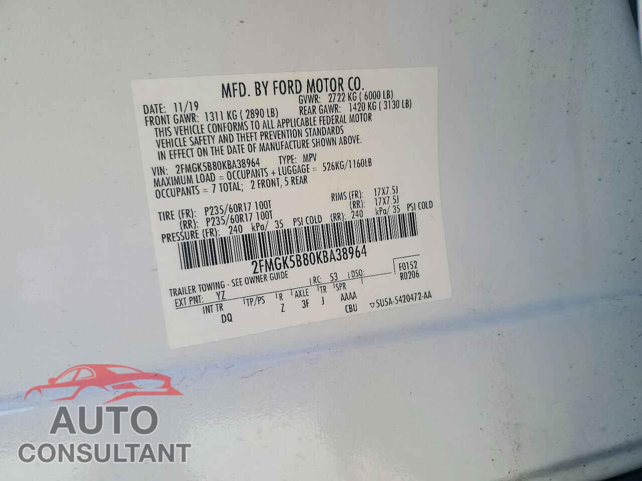 FORD FLEX 2019 - 2FMGK5B80KBA38964