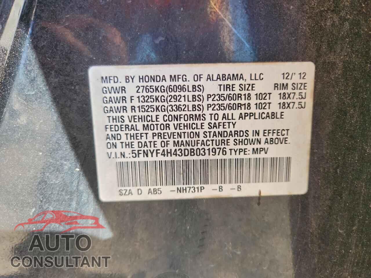 HONDA PILOT 2013 - 5FNYF4H43DB031976