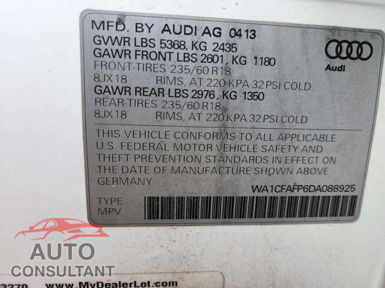 AUDI Q5 2013 - WA1CFAFP6DA088925