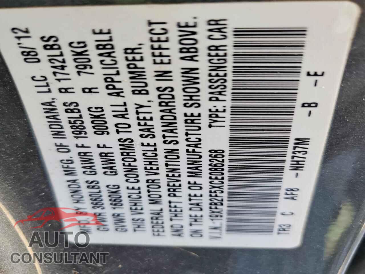 HONDA CIVIC 2012 - 19XFB2F5XCE086268