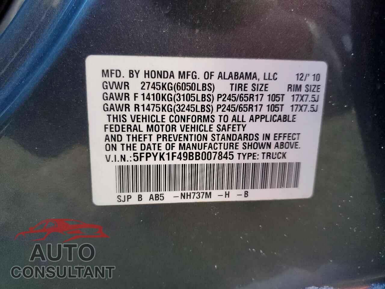 HONDA RIDGELINE 2011 - 5FPYK1F49BB007845