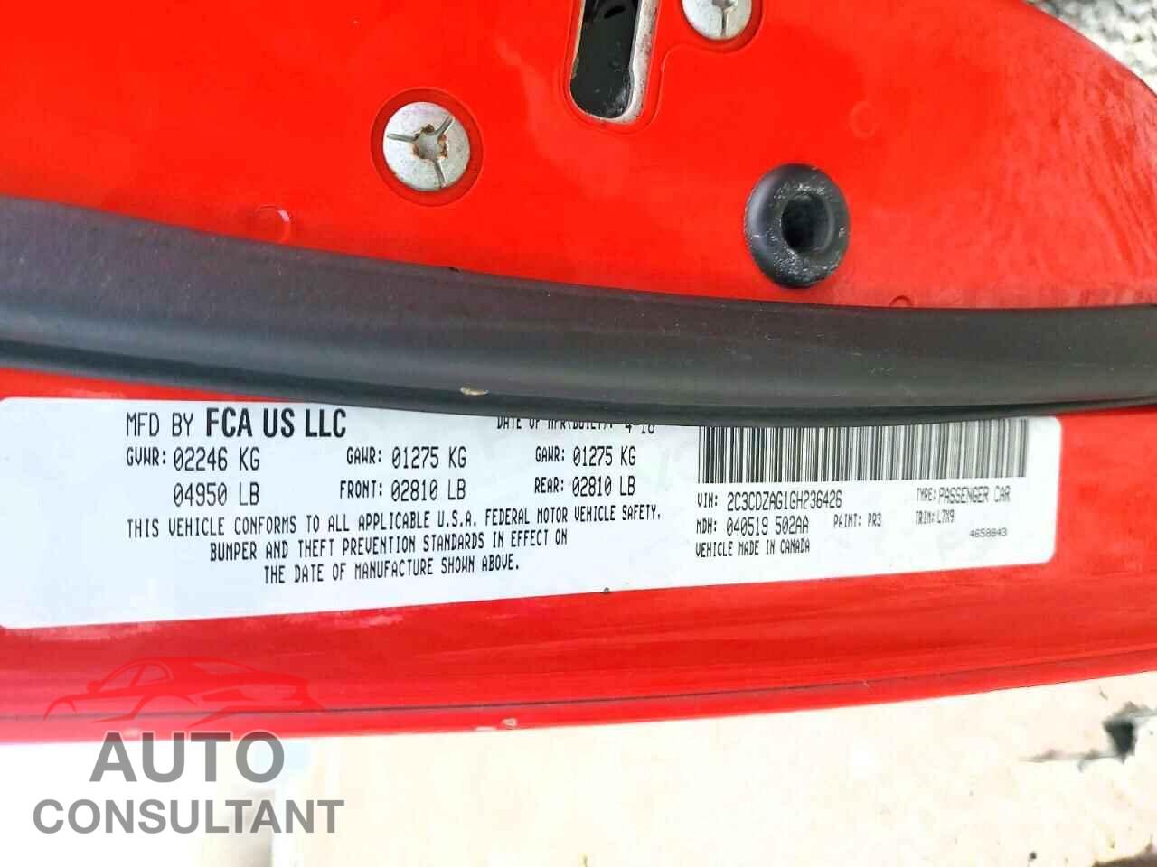 DODGE CHALLENGER 2016 - 2C3CDZAG1GH236426