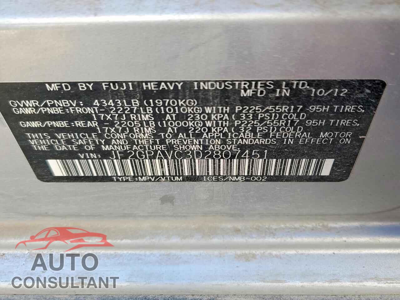 SUBARU XV 2013 - JF2GPAVC3D2807451