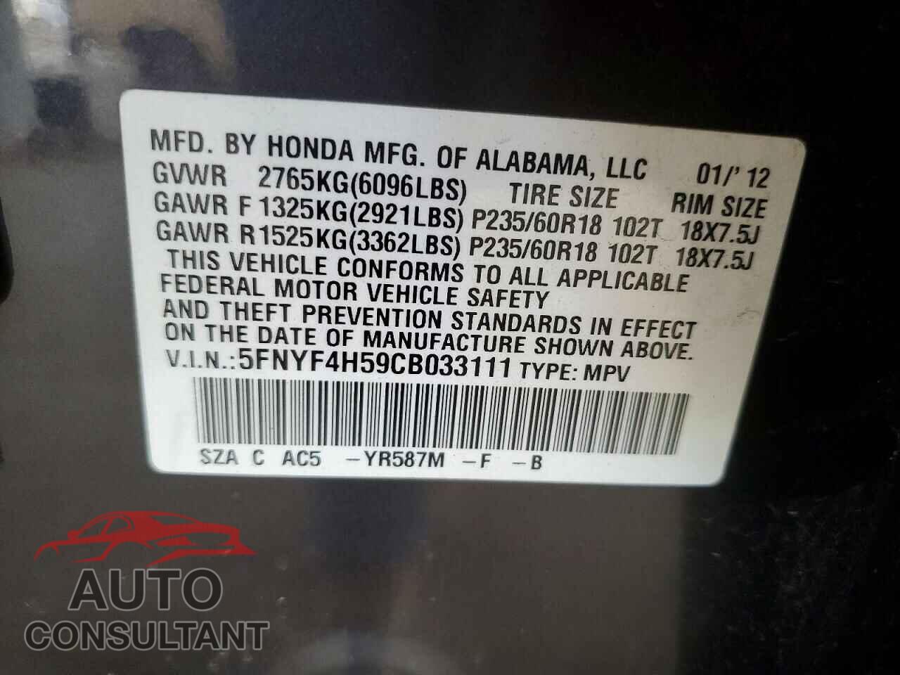 HONDA PILOT 2012 - 5FNYF4H59CB033111